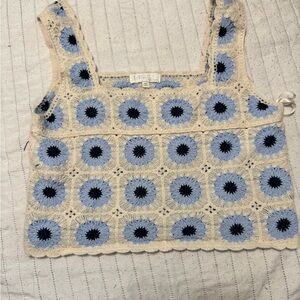 Rebellion Crochet Floral Square Tank in Blue and Cream